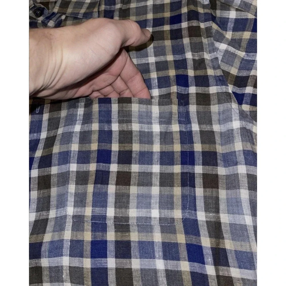 Robert Talbott Shirt Mens L Blue Plaid Linen Short Sleeve Button Up Casual - Picture 2 of 8